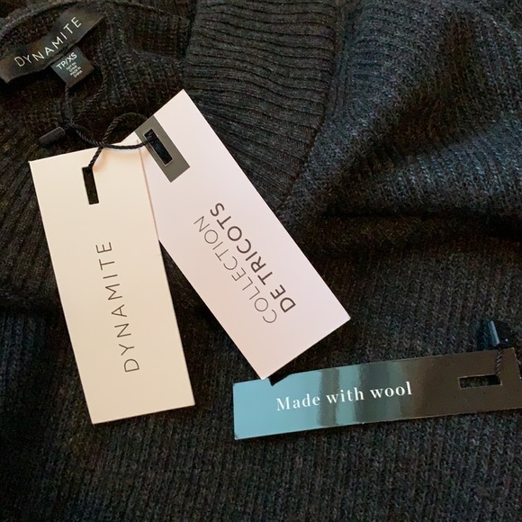 NWT Wool Dynamite Knitwear Sweater Dress Mini Belted LS Charcoal Black - Picture 7 of 8